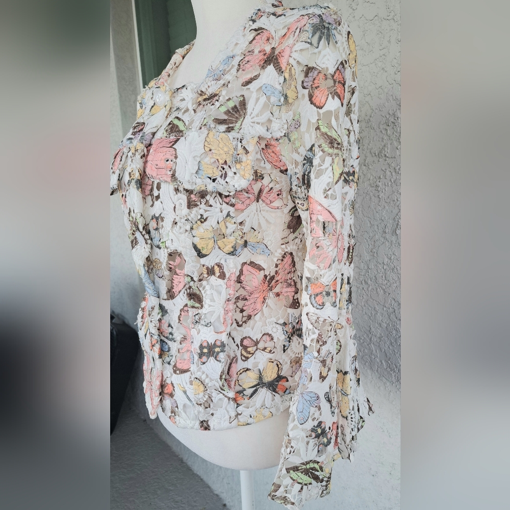 White Floral Lace Bell-Sleeve Blouse with Pastel Accents